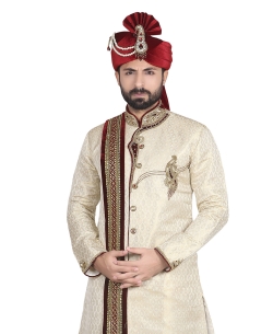 Beige Silk Stones, Crystals Sherwani