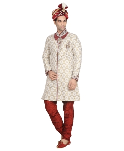 Beige Brocade Stones, Crystals Sherwani