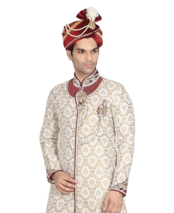 Beige Brocade Stones, Crystals Sherwani