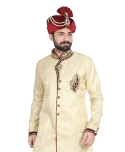 Cream Brocade Stones, Crystals Sherwani