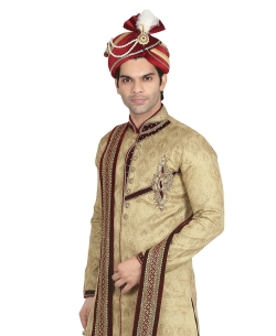 Beige Jamawar Stones, Crystals Sherwani