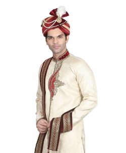Cream Silk Stones, Crystals Sherwani