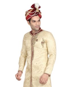 Cream Brocade Stones, Crystals Sherwani