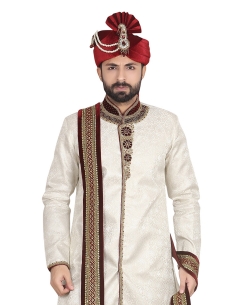 Off White Silk Stones, Crystals Sherwani