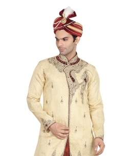 Cream Silk Stones, Crystals Sherwani