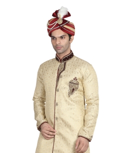 Beige Silk Stones, Crystals Sherwani