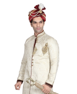 Off White Silk Stones, Crystals Sherwani