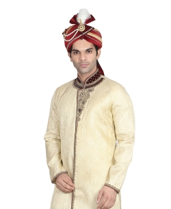 Cream Silk Stones, Crystals Sherwani