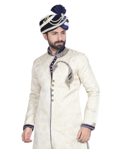 Off White Silk Stones, Crystals Sherwani