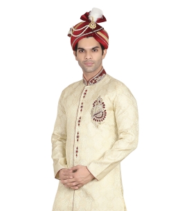 Cream Silk Stones, Crystals Sherwani