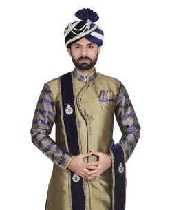 Navy Blue And ArmyBrown Brocade Solid Sherwani