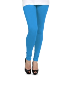 Deep Sky Blue Cotton Blend Solid Plain Leggings