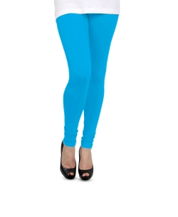Deep Sky Blue Cotton Blend Solid Plain Leggings