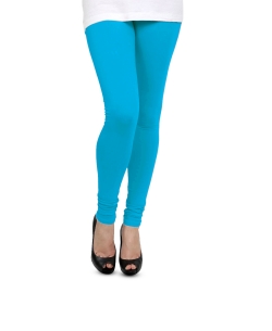 Deep Sky Blue Cotton Blend Solid Plain Leggings