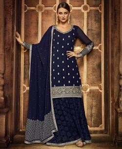 Blue Faux Georgette Embroidered Palazzo Suits