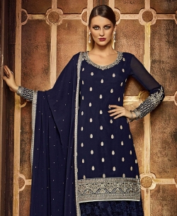 Blue Faux Georgette Embroidered Palazzo Suits