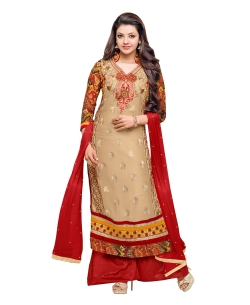 Tan Brown And Red Georgette Blend Embroidered Palazzo Suits