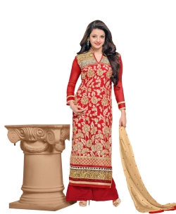 Red Georgette Blend Embroidered Palazzo Suits