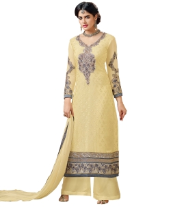 Cream Georgette Blend Embroidered Palazzo Suits