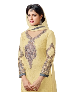 Cream Georgette Blend Embroidered Palazzo Suits