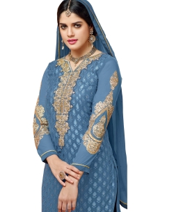 Slate Grey Georgette Blend Embroidered Palazzo Suits