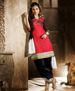 Red Cotton Embroidered Patiala Suits