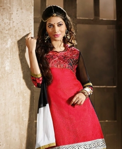 Red Cotton Embroidered Patiala Suits