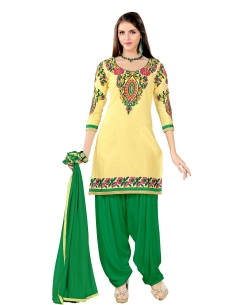 Pale Yellow And Green Cotton Embroidered Patiala Suits