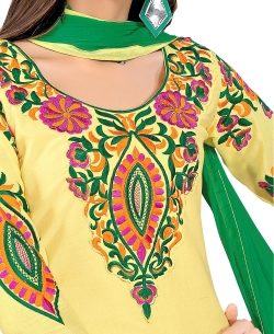 Pale Yellow And Green Cotton Embroidered Patiala Suits