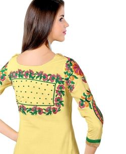 Pale Yellow And Green Cotton Embroidered Patiala Suits