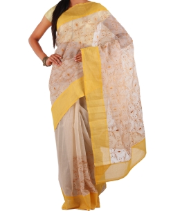 Cream Kota Doria Embroidered Regular Sarees