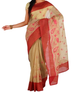 Beige Kota Doria Embroidered Regular Sarees