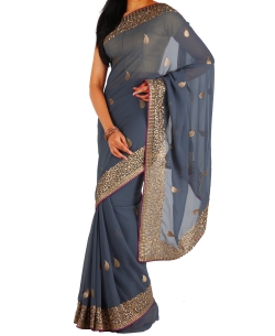 Grey Chiffon Embroidered Regular Sarees