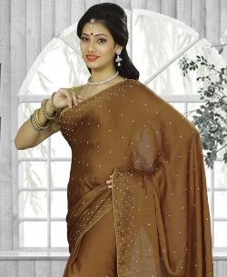 Brown Chiffon Printed Regular Sarees