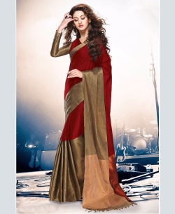 Red And TanBrown Cotton Solid Regular Sarees