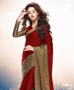 Red And TanBrown Cotton Solid Regular Sarees