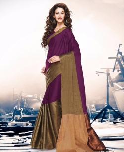 Purple And TanBrown Cotton Solid Regular Sarees