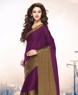 Purple And TanBrown Cotton Solid Regular Sarees