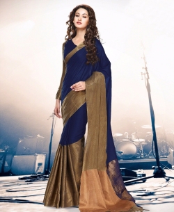 Navy Blue And TanBrown Cotton Solid Regular Sarees