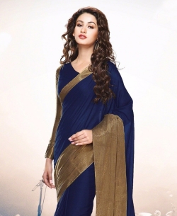 Navy Blue And TanBrown Cotton Solid Regular Sarees