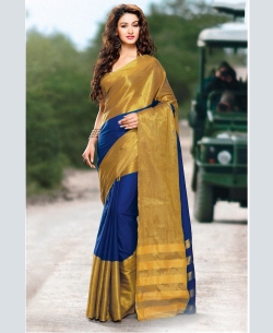 Blue And Yellow Cotton Solid Regular Sarees