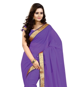 Purple Chiffon Stones, Crystals Regular Sarees