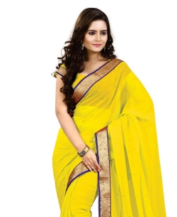 Yellow Chiffon Stones, Crystals Regular Sarees