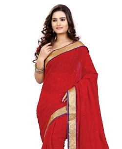 Red Chiffon Stones, Crystals Regular Sarees