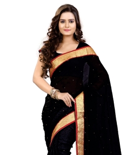 Black Chiffon Stones, Crystals Regular Sarees