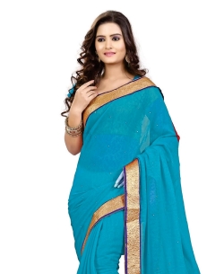 Blue Chiffon Stones, Crystals Regular Sarees