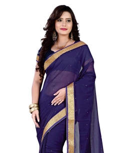 Blue Chiffon Stones, Crystals Regular Sarees