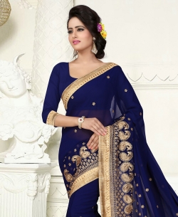 Navy Blue Georgette Embroidered Regular Sarees