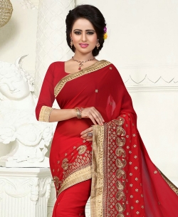 Red Georgette Embroidered Regular Sarees