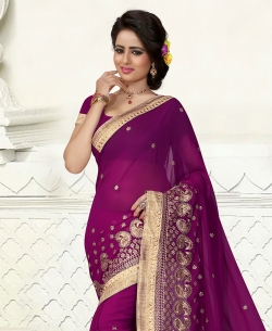 Magenta Georgette Embroidered Regular Sarees